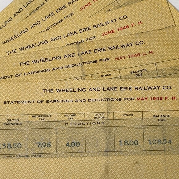 Lot of 5 Wheeling Lake Erie Railway Company 1940s  Employee Earning Pay Stub u - Picture 2 of 6